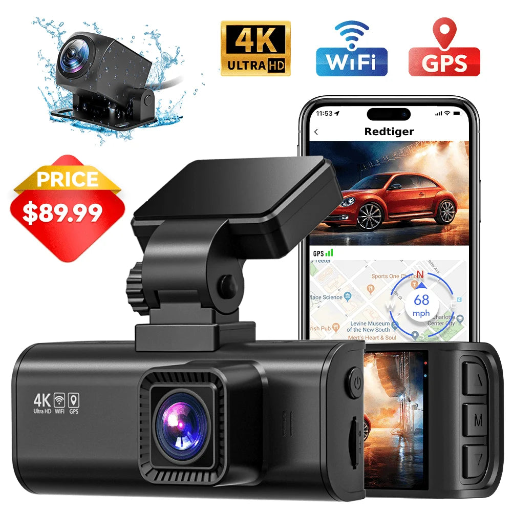 Dash Cam Front and Rear, Dash Cam 4K with Wifi & GPS, 4K/2.5K Front+1080P Rear Dashcam, Dash Camera with Night Vision, 3.18'' LCD Screen, Loop Recording, Black